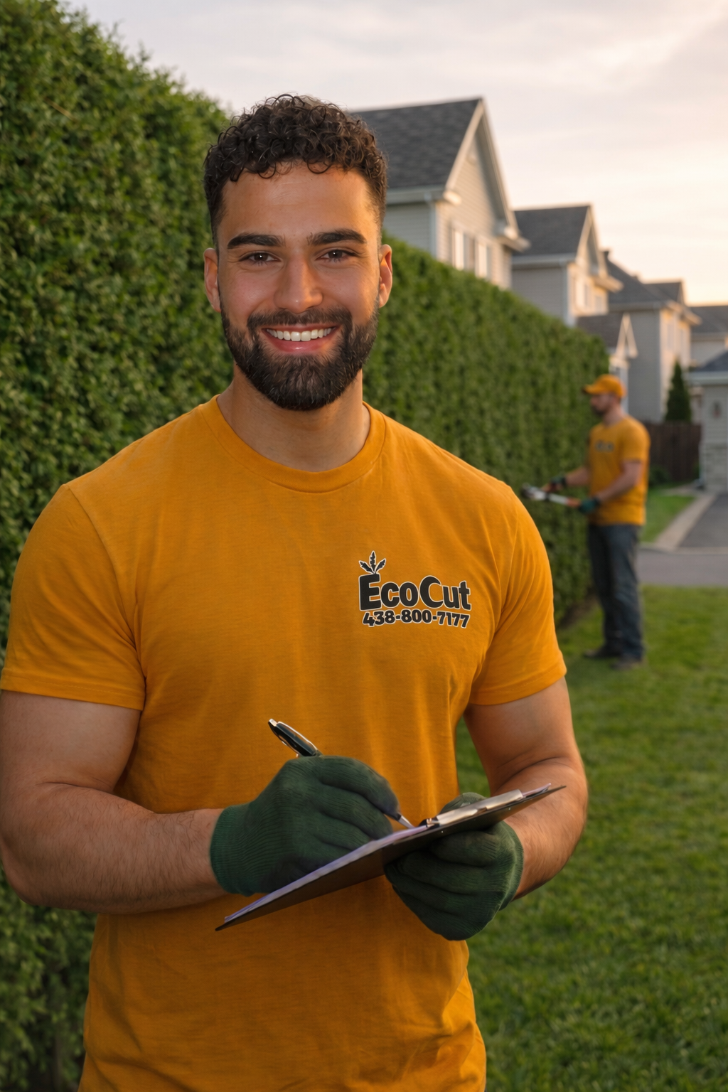 EcoCut arborist trimming a mature cedar hedge with traditional shears