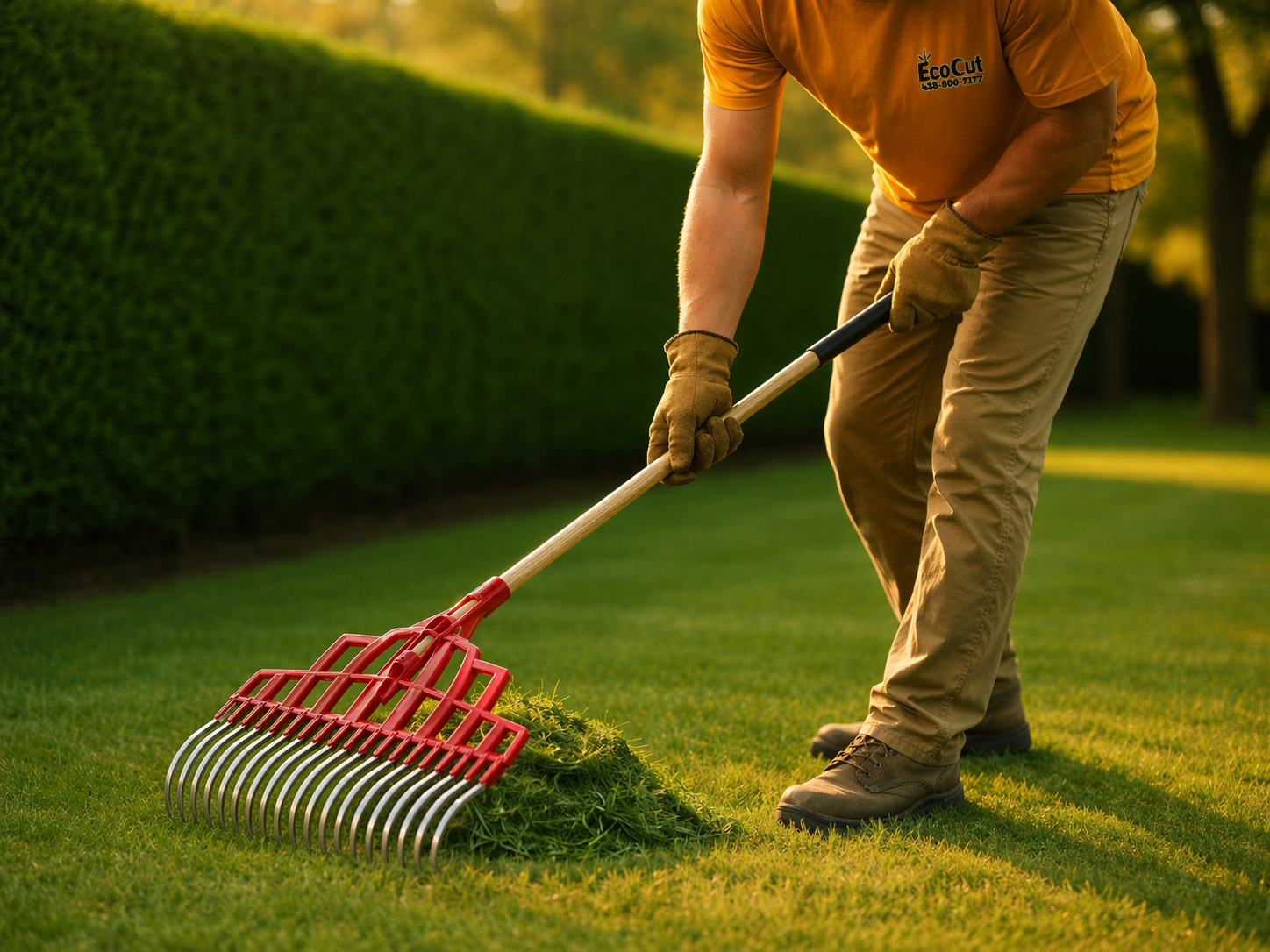An EcoCut technician raking the base of a freshly trimmed cedar hedge
