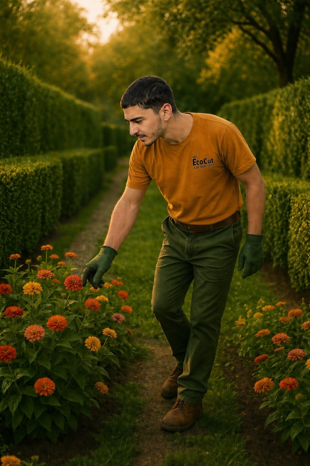 An EcoCut worker walking a garden bordered by dense green cedars