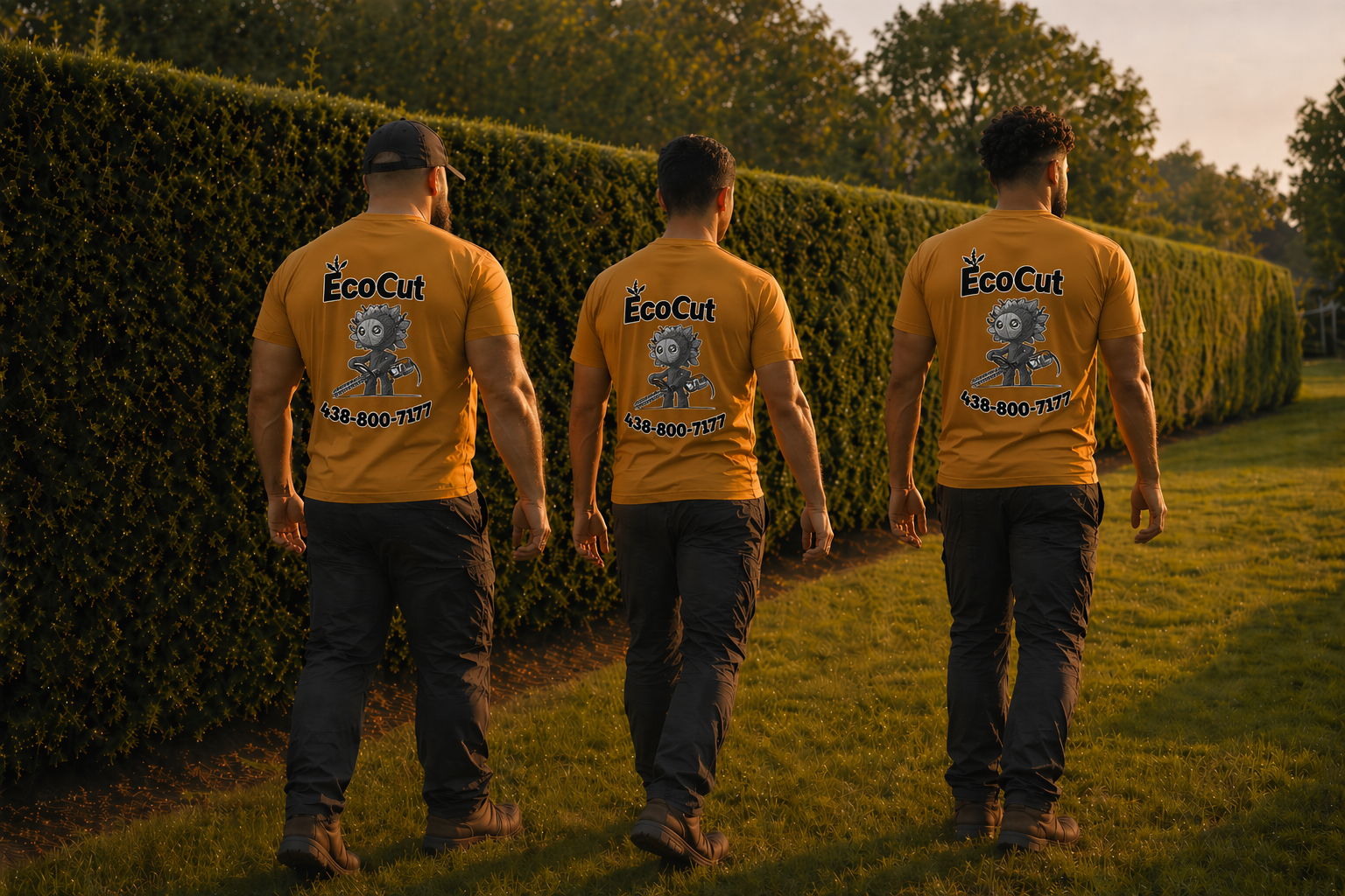 An EcoCut crew walking a client's property to measure a cedar hedge